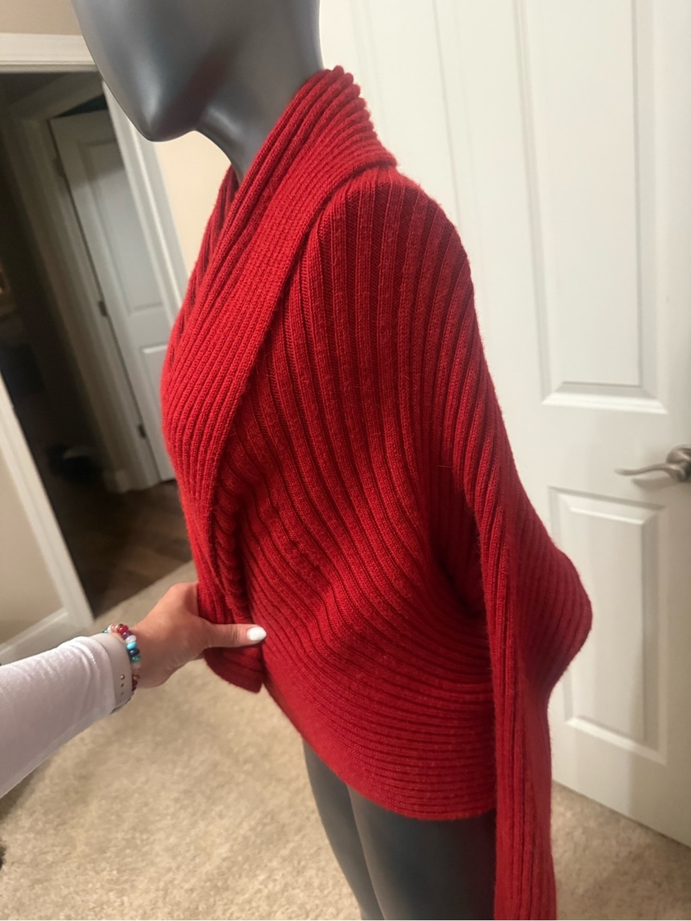 Peruvian Connection Red Ribbed Open-Front Cardigan - Picture 2 of 4